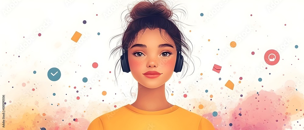 vector illustration of customer care worker with head phone, wear office outfit in a middle of the picture. globe icon, call icon, thinking icon, envelope icon, clock icon located around her. vector illustration of customer care worker with head phone, wear office outfit in a middle of the picture. globe icon, call icon, thinking icon, envelope icon, clock icon located around her.