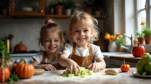 A Charming Scene of Children Joyfully Helping in the Kitchen for Thanksgiving Preparations