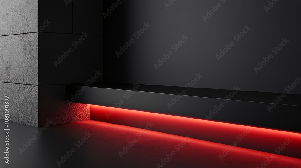 Obraz premium Minimalist black surface with red accent lighting, showcasing sleek design, modern aesthetics, and a touch of vibrancy. Perfect for product displays, branding, and showcasing technology.