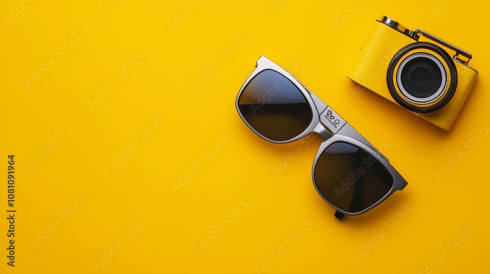 Minimalist summer scene with camera and sunglasses