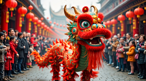 Vibrant Dragon Dance Celebrates Chinese New Year in Lantern-Lit Street Festival.Chinese New Year, Lunar new year, Spring festival and Oriental traditions concept