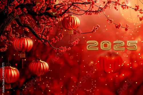 Chinese lanterns hanging in a tree with red blossom and the numbers 2025 in golden numbers featured in the air