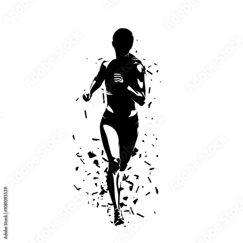 Running woman, front view, distorted isolated vector silhouette, run