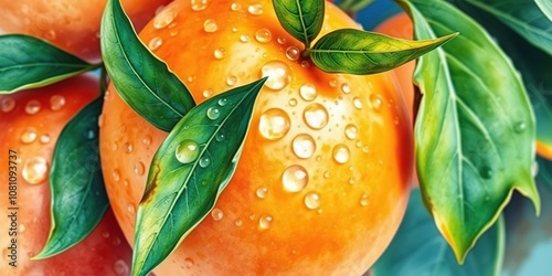 Vibrant watercolor painting of fresh orange fruit covered in dew droplets, juicy, watercolor painting, bright