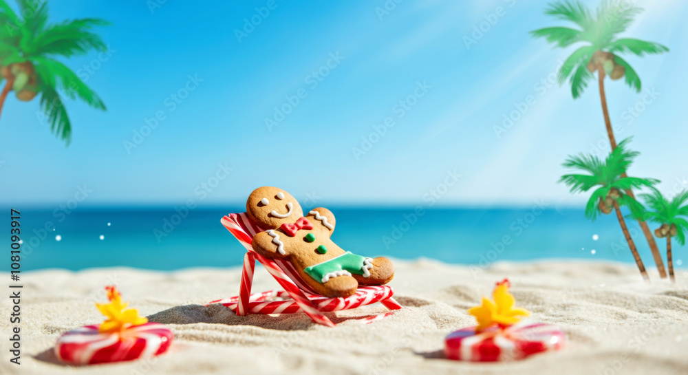 Tropical Holiday Vibes: Gingerbread Relaxing on Candy Beach with Palm Trees and Ocean Tropical Holiday Vibes: Gingerbread Relaxing on Candy Beach with Palm Trees and Ocean