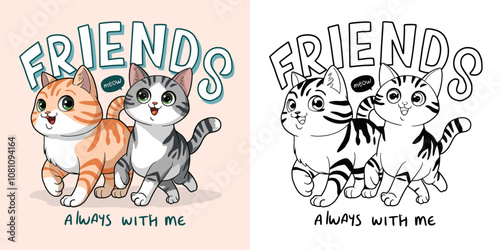 frinds cute buddy kittens cartoon hand drawn vector illustration