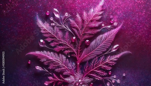 Vivid magenta glitter background with translucent, gel textured leaves and delicate frost crystals, floral magenta background, banner, postcard