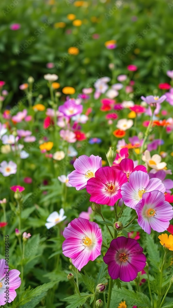 Vivid multi colored mallow flowers blooming abundantly in a lush field, spring, countryside Vivid multi colored mallow flowers blooming abundantly in a lush field, spring, countryside