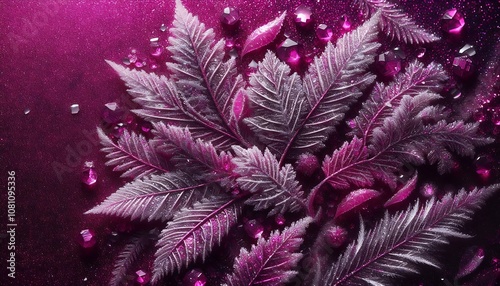 Vivid magenta glitter background with translucent, gel textured leaves and delicate frost crystals, floral magenta background, banner, postcard