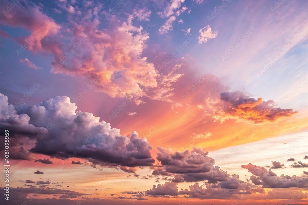 Watercolor Background with Abstract Sunset and Puffy White Clouds, watercolor technique, wispy, feathery, background Watercolor Background with Abstract Sunset and Puffy White Clouds, watercolor technique, wispy, feathery, background