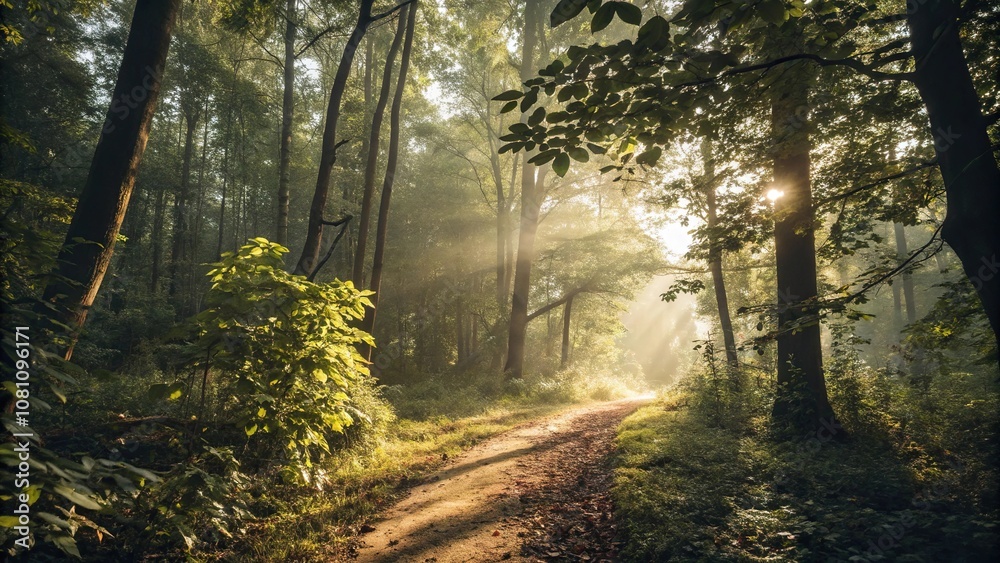 Fototapeta premium Warm sunlight filtering through dense foliage, casting dappled shadows on the forest floor, sunlight, landscape