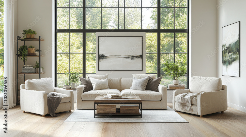 Fototapeta premium A serene living room with stylish decor and greenery in a bright, contemporary space