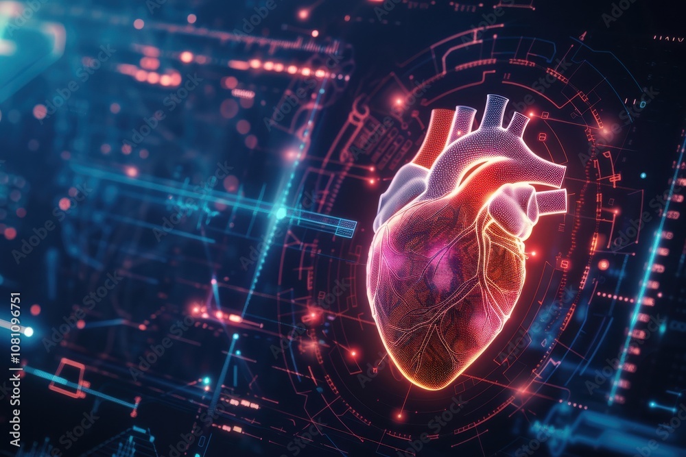 Fototapeta premium Heart testing results on digital interface on laboratory or surgical background, innovative technology in science and medicine concept. medical technology