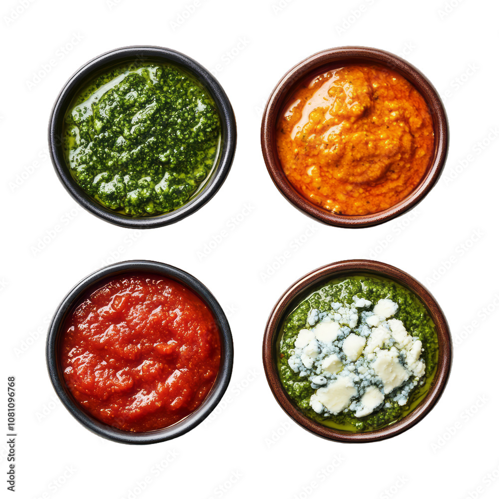 Small bowls of sauces like marinara pesto blue cheese and tahini each with distinct textures and colors isolated on a transparent background Small bowls of sauces like marinara pesto blue cheese and tahini each with distinct textures and colors isolated on a transparent background