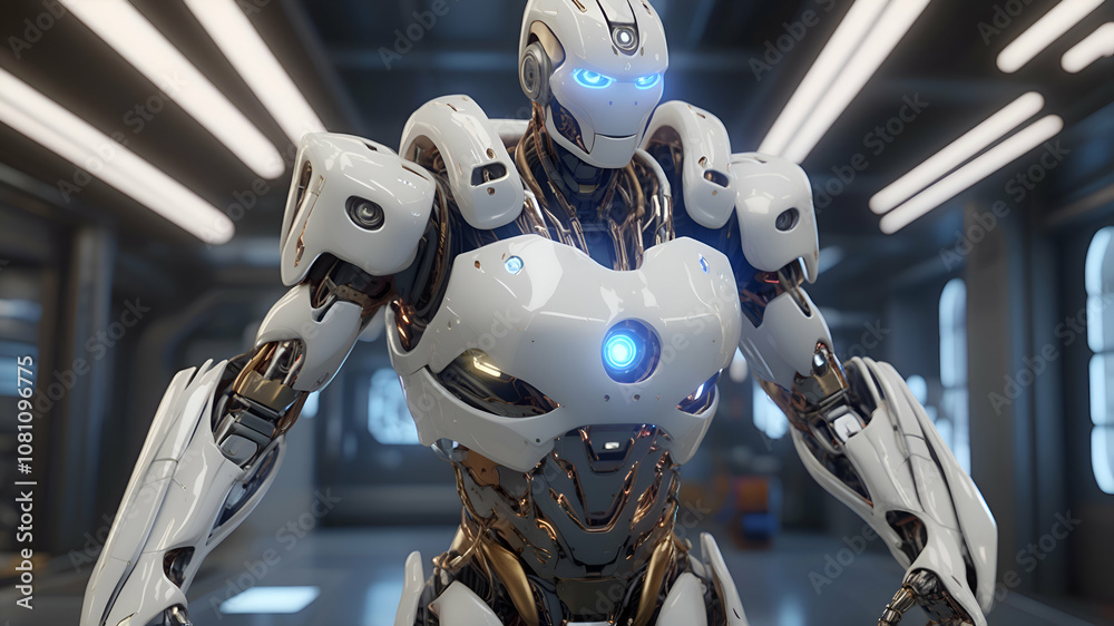 Fototapeta premium Humanoid Robot in Futuristic Lab, Complex Metallic Textures, Ultra-Realistic Sci-Fi.