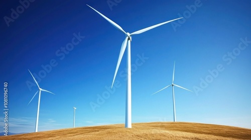 Wind Turbines on a Golden Hill Under a Clear Blue Sky