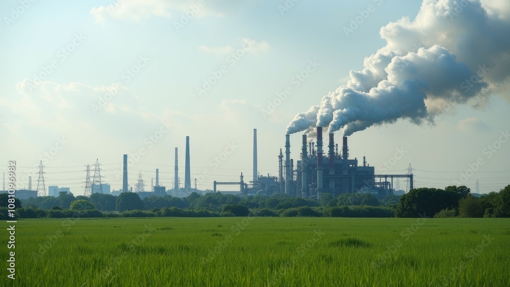 Petrochemical Plant Emitting Smoke Surrounded by Lush Green Vegetation Petrochemical Plant Emitting Smoke Surrounded by Lush Green Vegetation