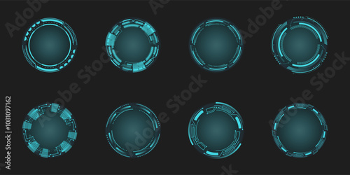 Set of technological round, abstract vector illustration on a black background. Game element for user interface, digital sci-fi drawing. Futuristic. Virtual graphic. Modern technology