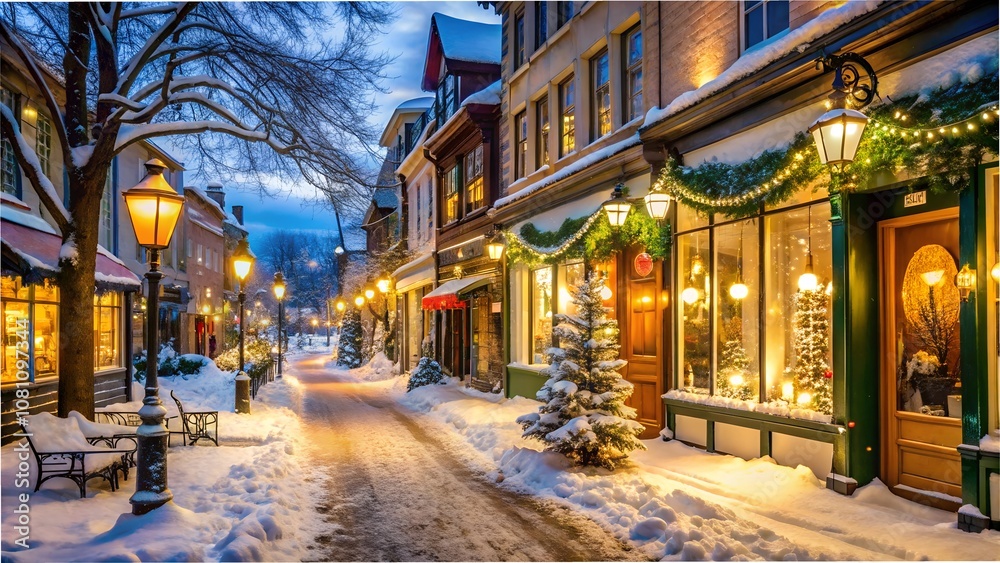 Obraz premium Snowy streets illuminated by streetlights and decorated storefronts. 