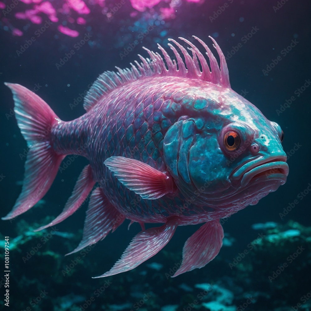 In a neon-lit, vaporwave-inspired world, a peculiar fishlike creature emerges: its body a mesmerizing blend of iridescent pastel hues, shimmering with a surreal beauty. This fantastical anime characte In a neon-lit, vaporwave-inspired world, a peculiar fishlike creature emerges: its body a mesmerizing blend of iridescent pastel hues, shimmering with a surreal beauty. This fantastical anime characte