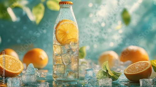 Glass Bottle of Citrus-Infused Water with Ice and Oranges photo