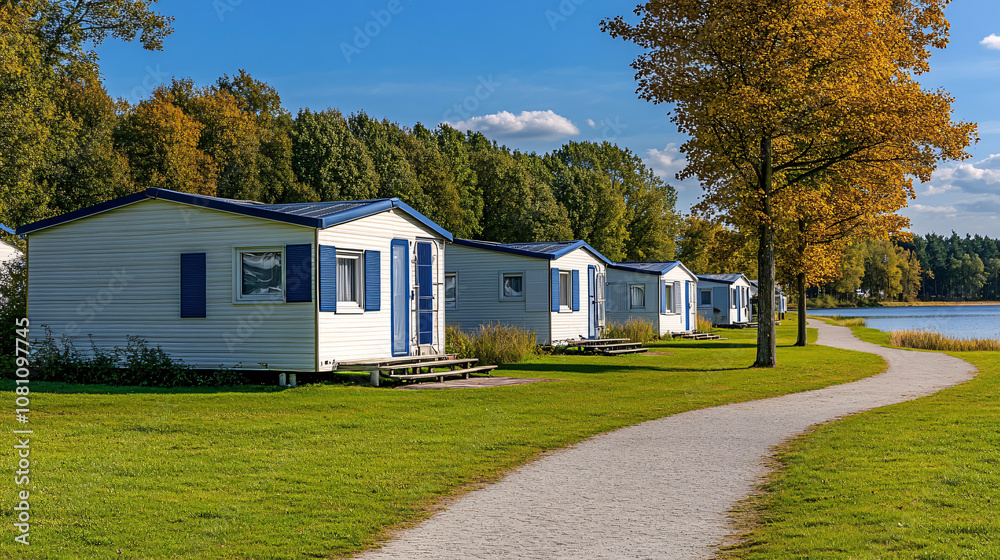 Row of tiny houses in white and blue, nestled near a lake and lush forest on a sunny day Row of tiny houses in white and blue, nestled near a lake and lush forest on a sunny day