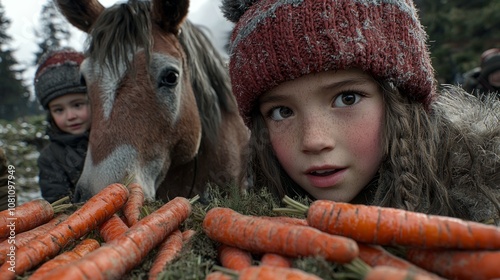 St. Nicholas Day excited children gather fresh carrots offer St. Nicholass horse surrounded winter wonderland snow and evergreens. photo