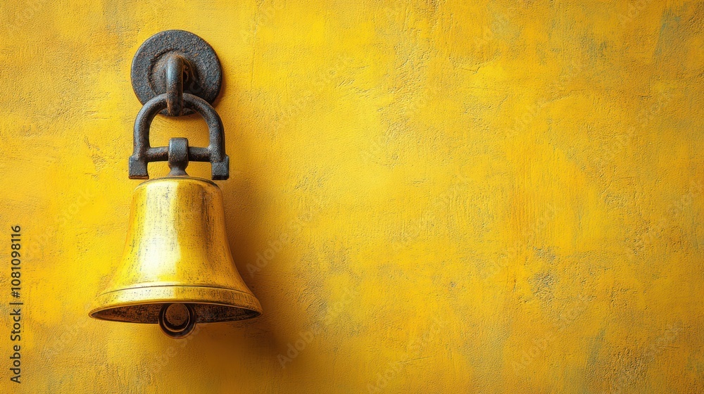 Obraz premium Gold bell icon on warm yellow background with empty space