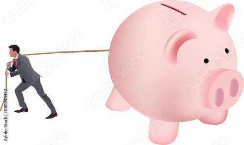 Businessman pulling a piggy bank with a rope