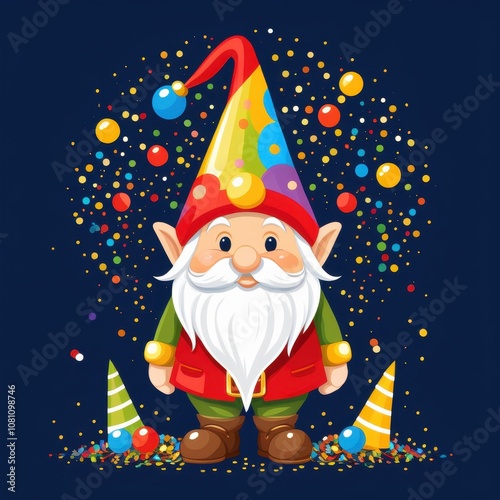 Minimalistic vector gnome decorated with lights and confetti, ideal for New Year's decor