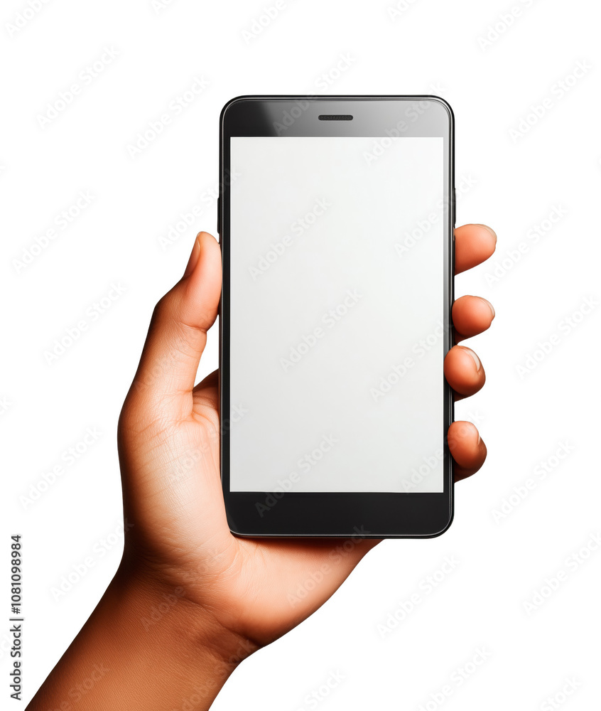 A hand holding a smartphone with a blank screen on an isolated transparent background A hand holding a smartphone with a blank screen on an isolated transparent background