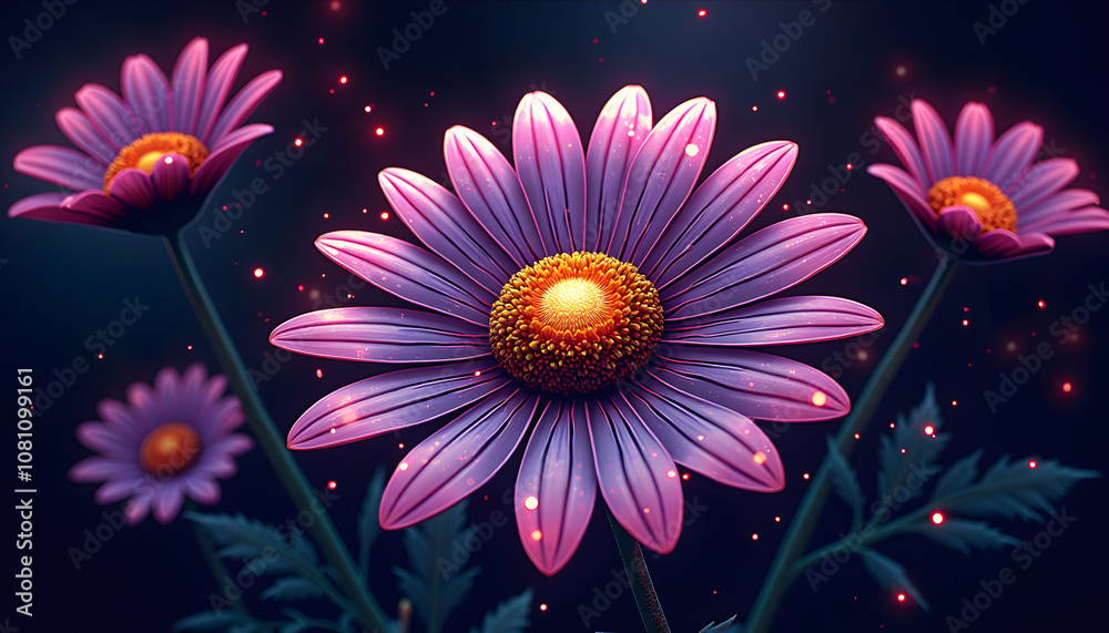 Obraz premium Colorful daisies in a dreamy atmosphere, blooming on a dark background