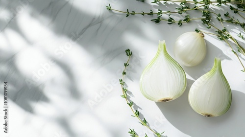 Isolated white onion, halved and placed on a soft shadowed background, garnished with thyme photo