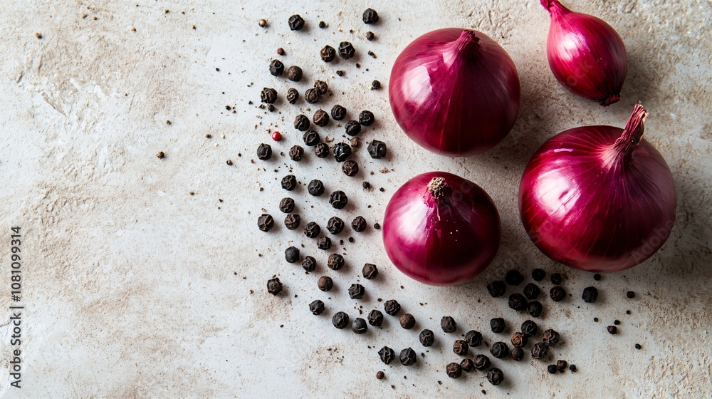 Isolated whole onion with a deep red color on a neutral background, decorated with cracked black pepper Isolated whole onion with a deep red color on a neutral background, decorated with cracked black pepper