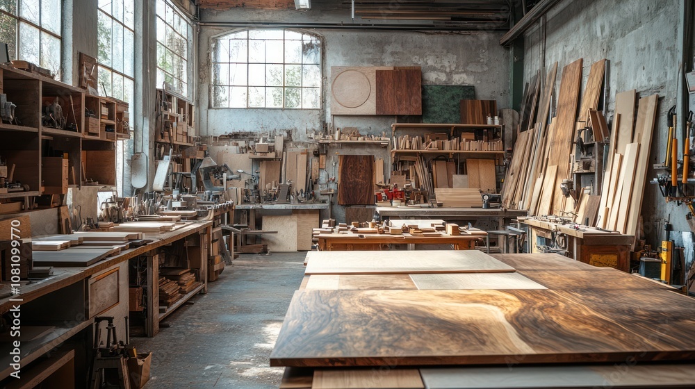 A well-equipped woodworking workshop with tools, wood planks, and a large table ready for carpentry work. A well-equipped woodworking workshop with tools, wood planks, and a large table ready for carpentry work.