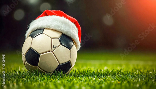 a soccer ball with a santa hat on top of it