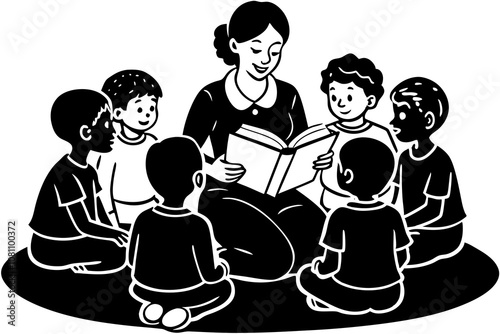 A teacher sitting in a circle with kindergarten children, reading a colorful storybook