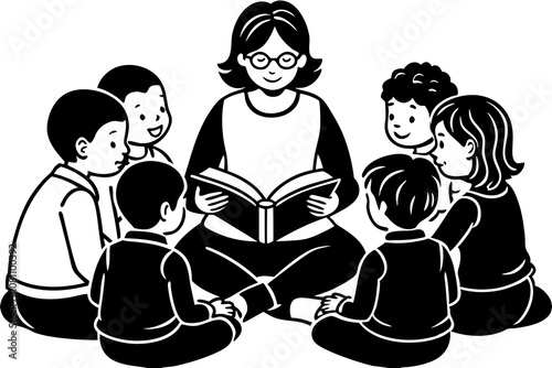 A teacher sitting in a circle with kindergarten children, reading a colorful storybook