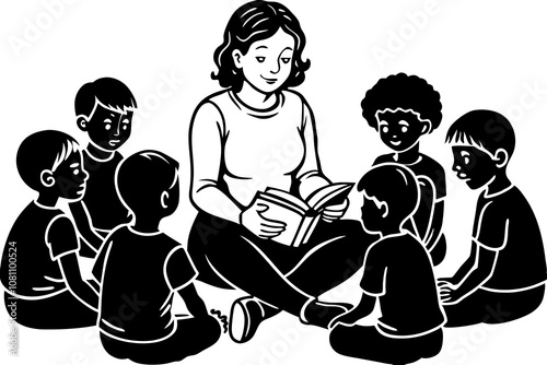 A teacher sitting in a circle with kindergarten children, reading a colorful storybook