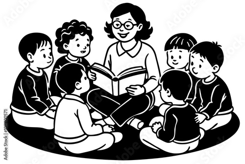 A teacher sitting in a circle with kindergarten children, reading a colorful storybook