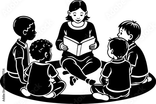 A teacher sitting in a circle with kindergarten children, reading a colorful storybook