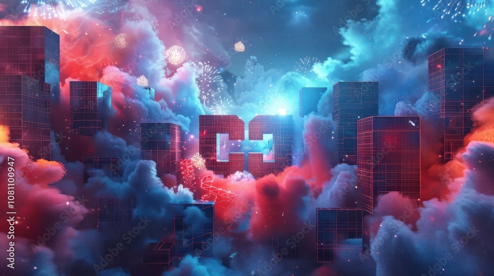 Fototapeta premium A futuristic cityscape with a large 'C' in the center, surrounded by clouds and glowing lights, creating a sense of wonder and technological advancement.