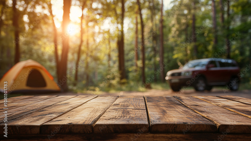 Wooden table showcasing a camping scene with a tent and suv parked in the forest at sunset, ideal for showcasing products Wooden table showcasing a camping scene with a tent and suv parked in the forest at sunset, ideal for showcasing products