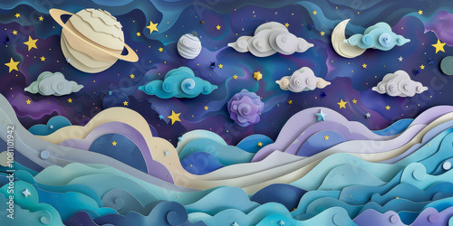 Whimsical paper art of a night sky with planets, stars, clouds, and a crescent moon over layered waves, creating a fantasy cosmic landscape in pastel blues and purples