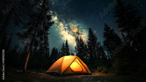 Camping tent glowing under a breathtaking starry sky and the milky way in a serene forest at night