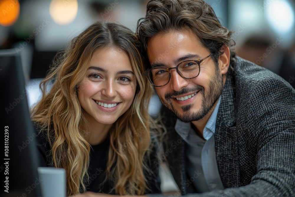 Happy couple working together in an office Happy couple working together in an office