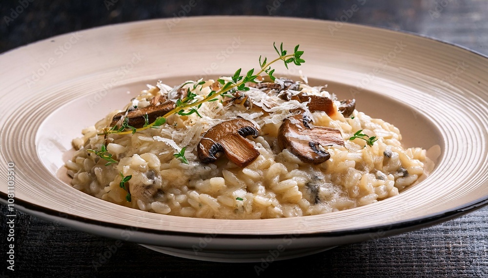 creamy mushroom risotto with parmesan cheese and thyme