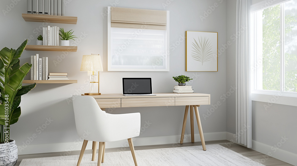 Cozy Scandinavian Home Office Setup with Plants and Bookshelves Cozy Scandinavian Home Office Setup with Plants and Bookshelves