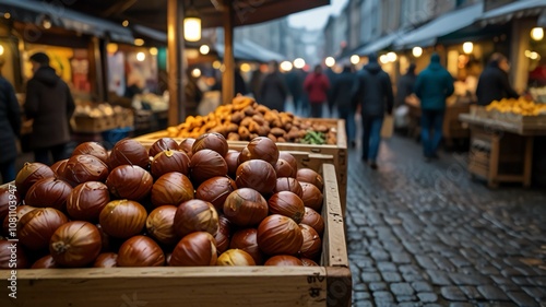 A bustling winter market, filled with the aroma of freshly roasted chestnuts, beckons you to take a bite of its warm and savory street food.
 photo