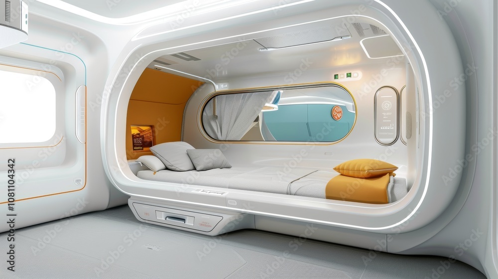 Futuristic Sleep Pod with Safety Features and Functional Furniture Generative AI Futuristic Sleep Pod with Safety Features and Functional Furniture Generative AI